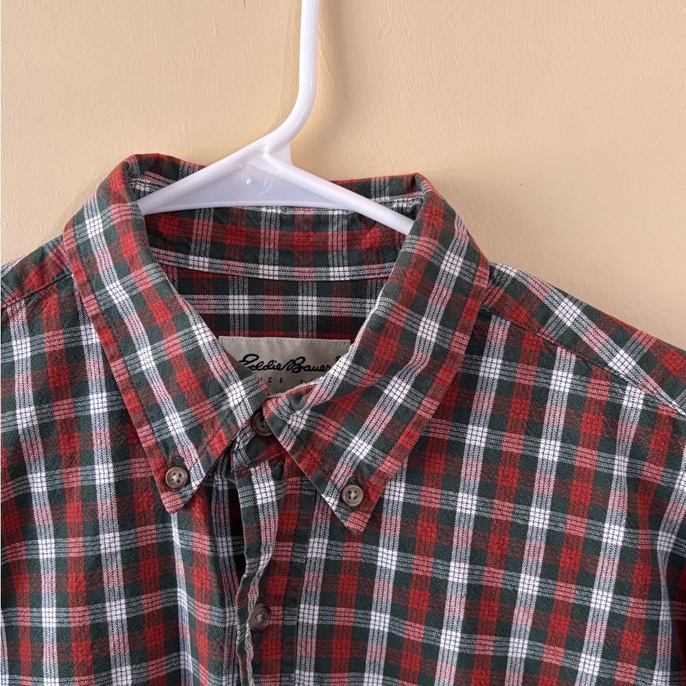 Eddie Bauer Men's Red and Green Plaid Shirt